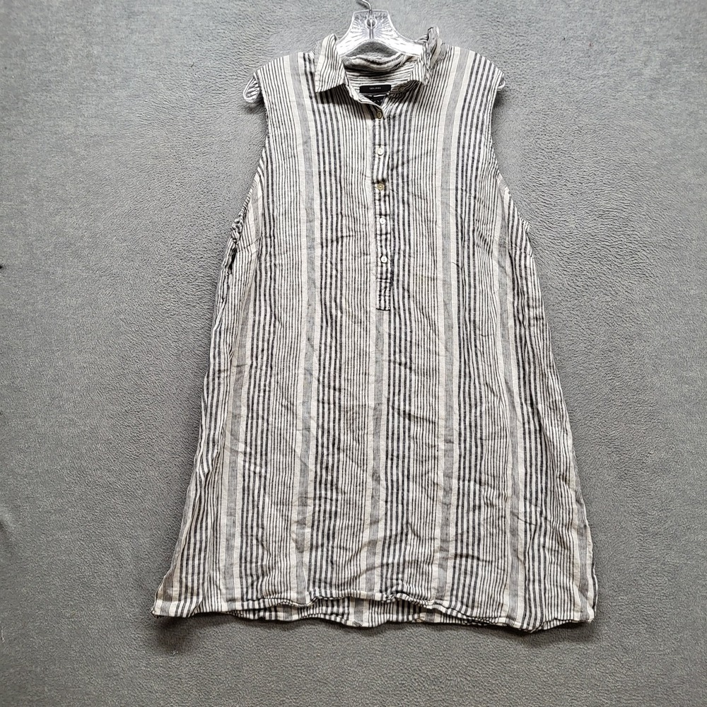 Tahari Women Dress 2X White‎ Black Linen Striped Button Collared Front